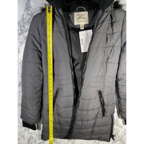 Maralyn & Me Womens Juniors Long Puffer Coat With Faux Fur Hood & Side Zippers - Picture 7 of 12
